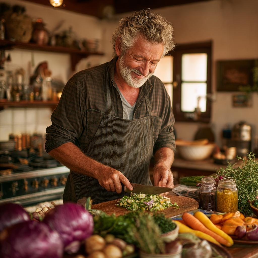 Чоловік 58 років з усмішкою готує салат на кухні, на столі розкладені свіжі органічні овочі та зелень