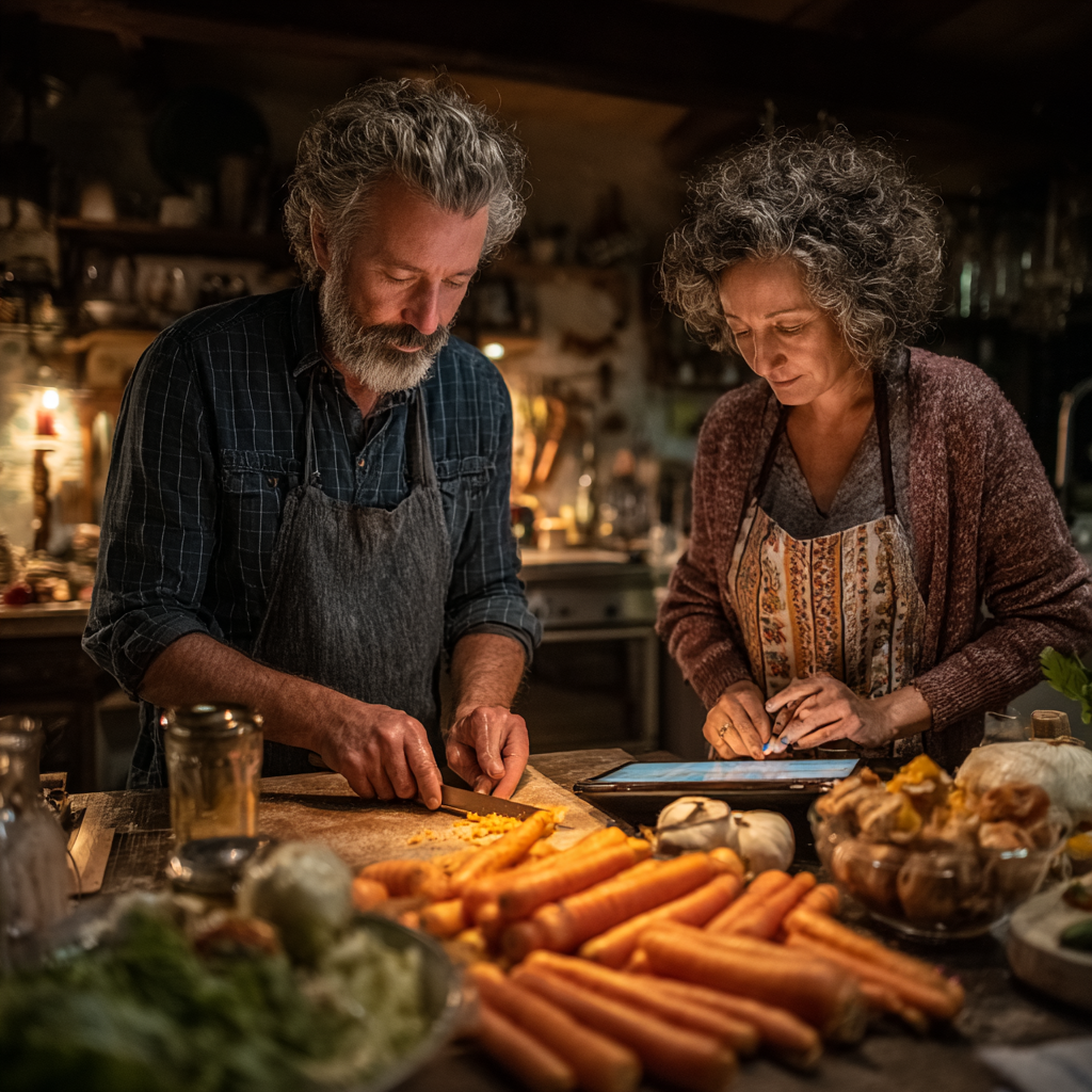 Подружжя 52 та 55 років разом готують вечерю, чоловік нарізає овочі, жінка читає рецепт з планшета, на кухні атмосфера затишку