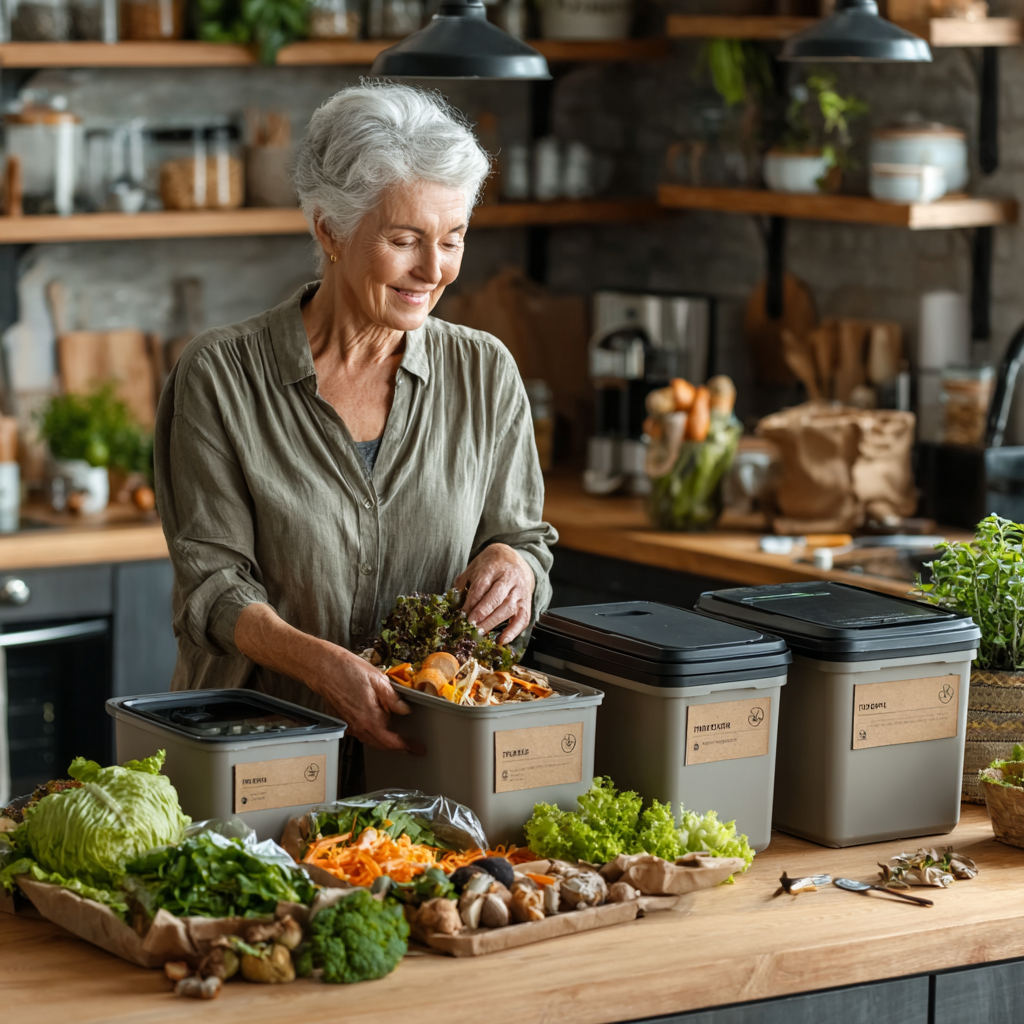 Жінка 60 років сортує харчові відходи для компосту, на кухонному столі контейнери з підписами, фон - сучасна екологічна кухня