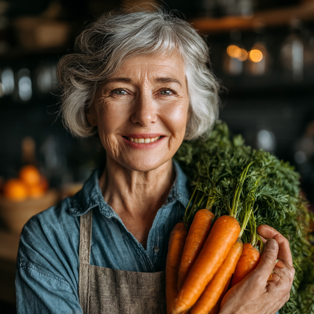 Щаслива жінка 55 років готує здорову їжу на кухні, усміхається та тримає в руках свіжі овочі